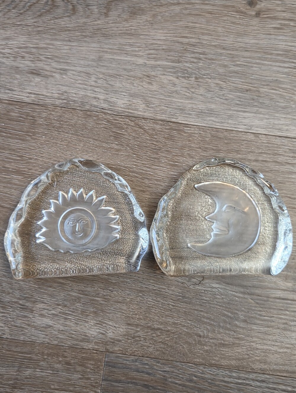 Vintage Set of 2 Celestial Glass Sun and Moon Paperweight/Book Ends
